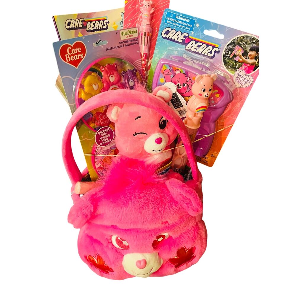 Care Bear Cheer Bear pink basket and plush  Cb kite ,Cb rainbow pen, color book